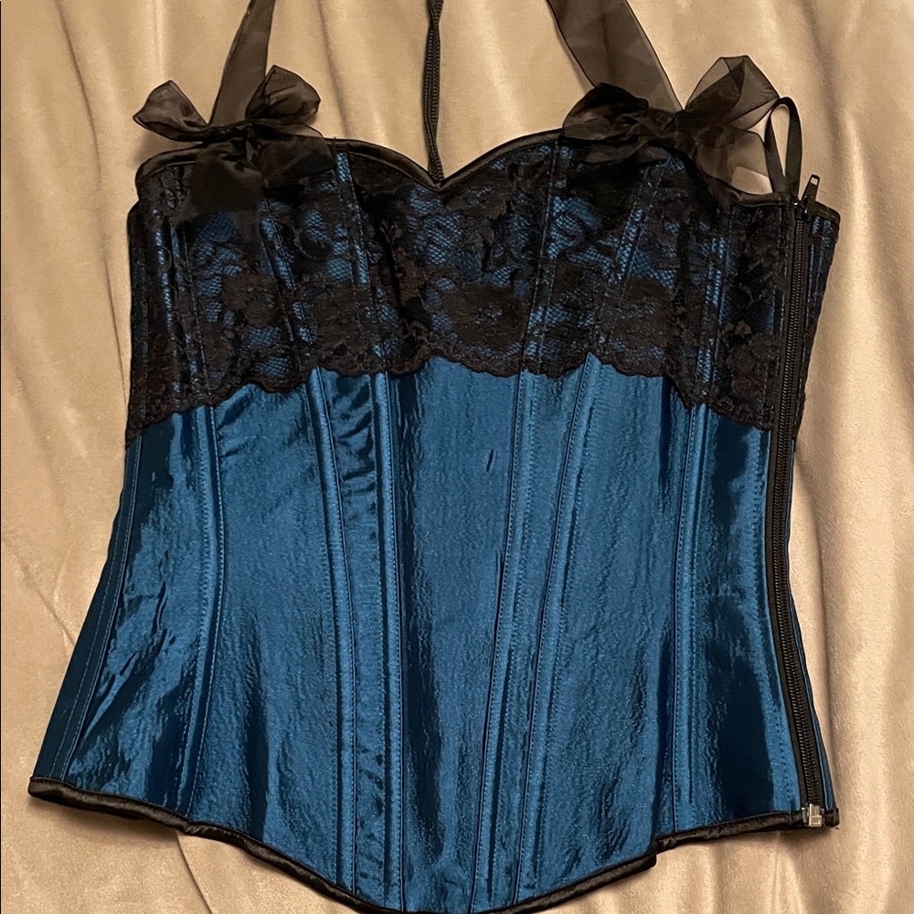 Y2K vintage Elegant Blue and Black Lace Corset Top